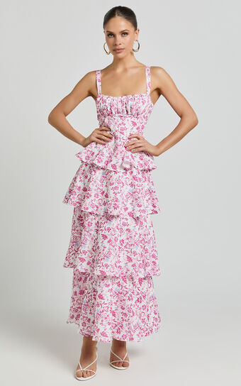 Lorma Midi Dress - Ruched Layered Dress in Pink Floral | Showpo (US, UK & Europe)