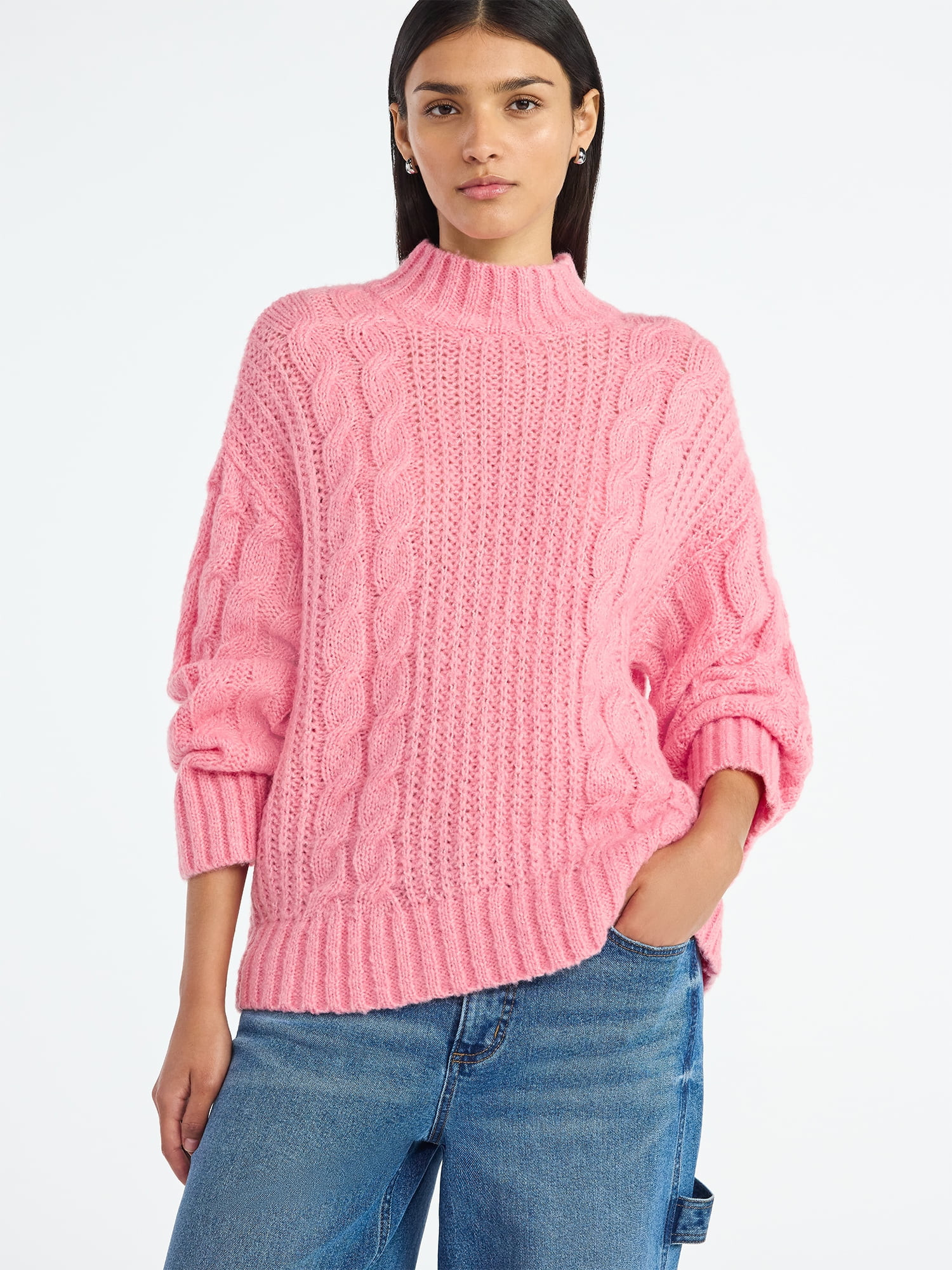 Scoop Women’s Oversized Cable Knit Sweater, Midweight, Size XS-XXL - Walmart.com | Walmart (US)