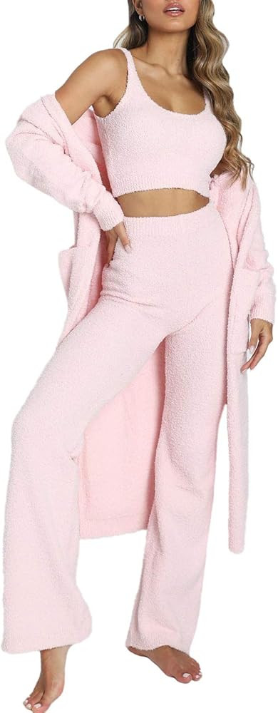 Fixmatti Women's Fuzzy 3 Piece Sweatsuit Open Front Cardigan Crop Tank Tops Wide Legs Pants Loung... | Amazon (US)