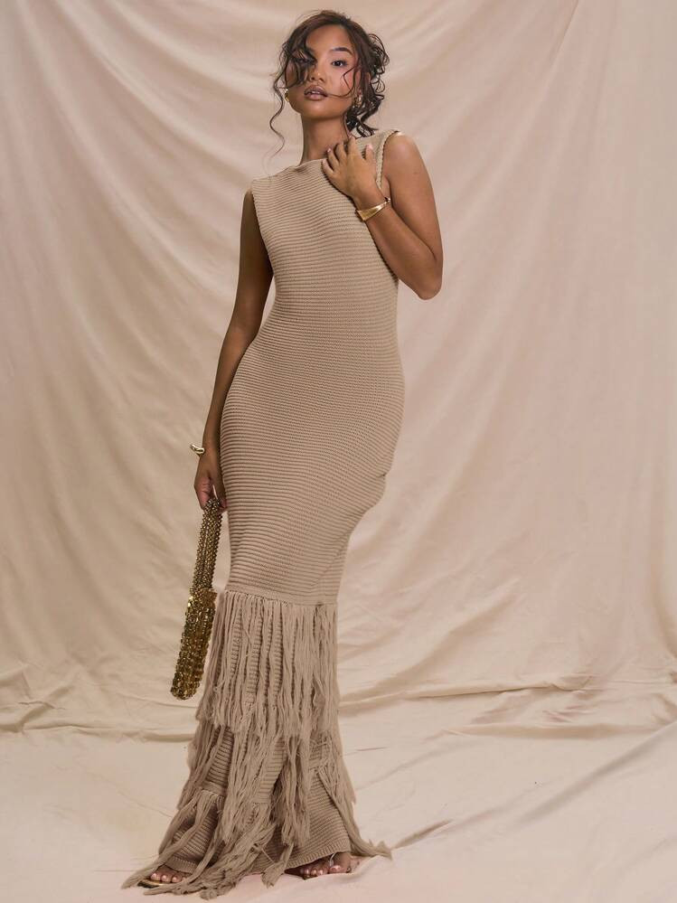 SHEIN X Scheana MUSERA Sleeveless Ribbed Maxi Dress Frill Fray Hem Detail Summer Holiday Vacation... | SHEIN