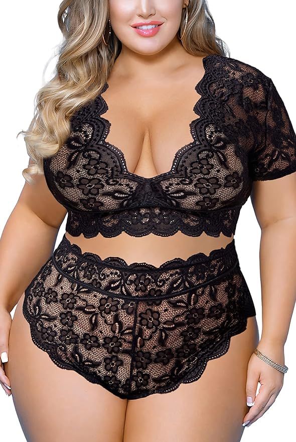 Plus Size 2 Piece Lingerie Set for Women Sexy Deep V Allover Lace Bra and Panty High Waist Nightw... | Amazon (US)