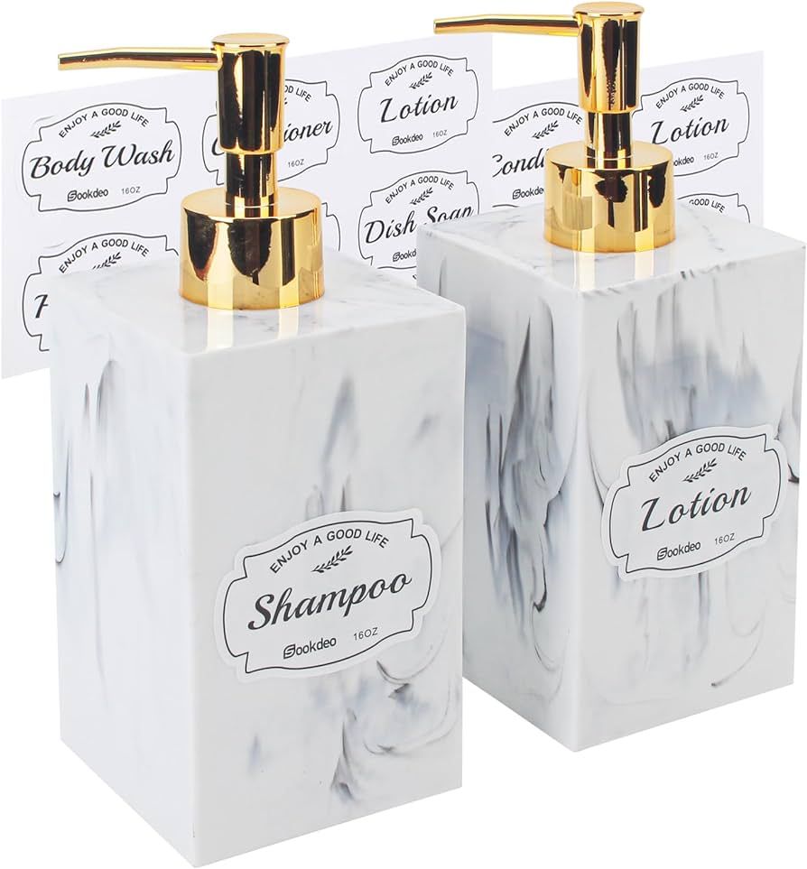 SOOKDEO Luxurious Marble Finish Bottles - 17oz, Set of 2 with Gold Pumps & Waterproof Labels - Pe... | Amazon (US)