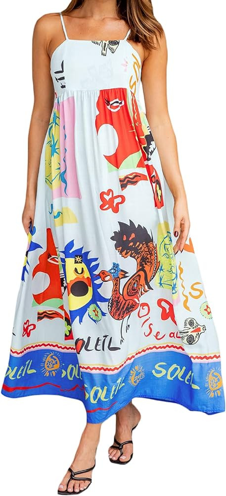 NUFIWI Women Boho Graffiti Cami Long Dress Graphic Spaghetti Strap Flowy Maxi Dress Square Neck C... | Amazon (US)