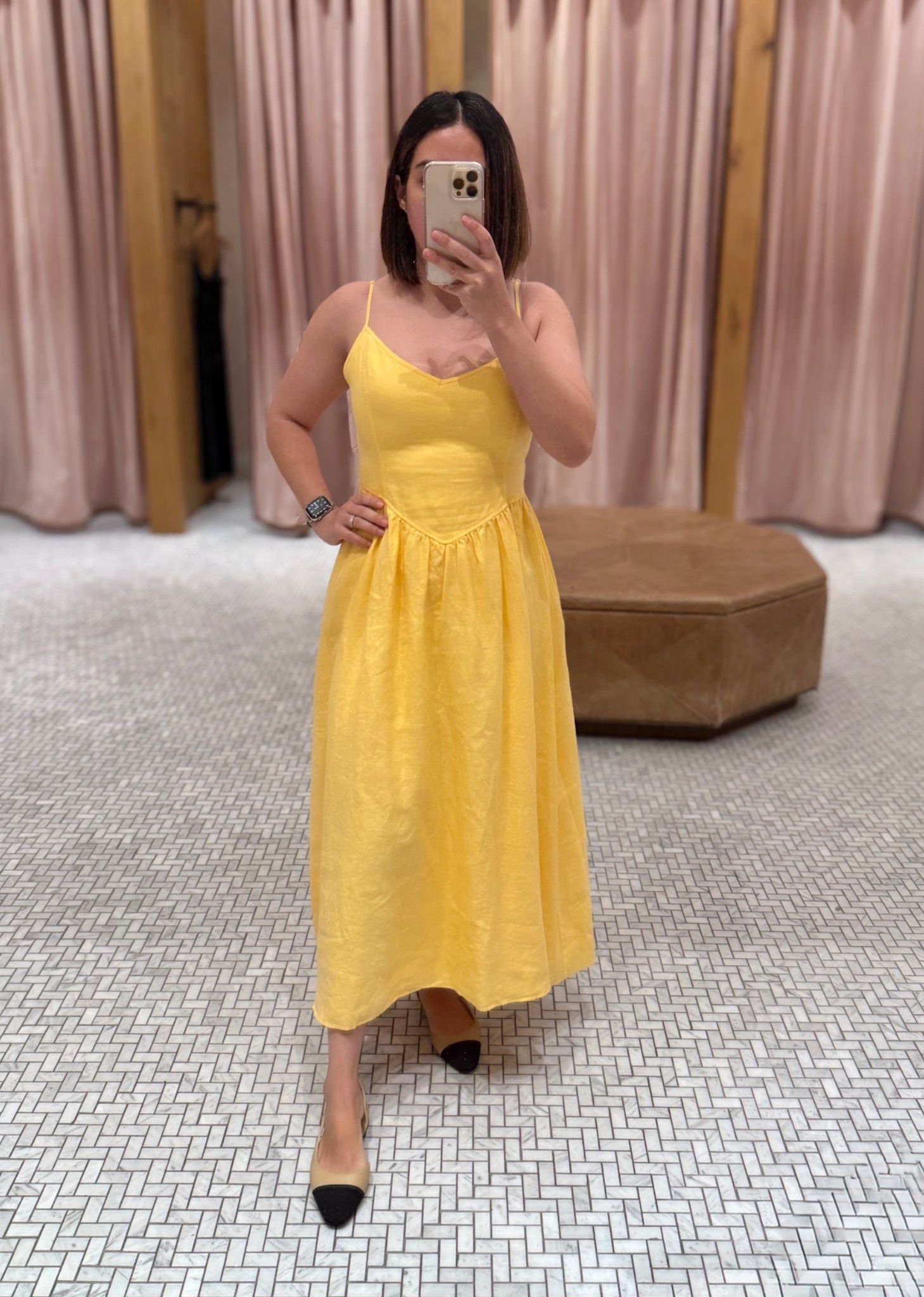 Yellow dress: 100% linen. Wearing size 6US (I sized up). Adjustable straps and smocked back panel. 4 more colors to choose from

Flats are size 6US and are true to size 

For reference:

I am 5’2” (158cms)
129lbs (58kgs)

#LTKStyleTip #LTKU #LTKPetite
