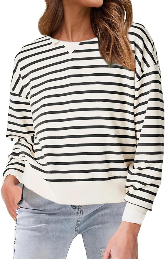 Glamaker Women's Crewneck Cropped Sweatshirt Pullover Stripe Air Essentials Basic Long Sleeve Shi... | Amazon (US)