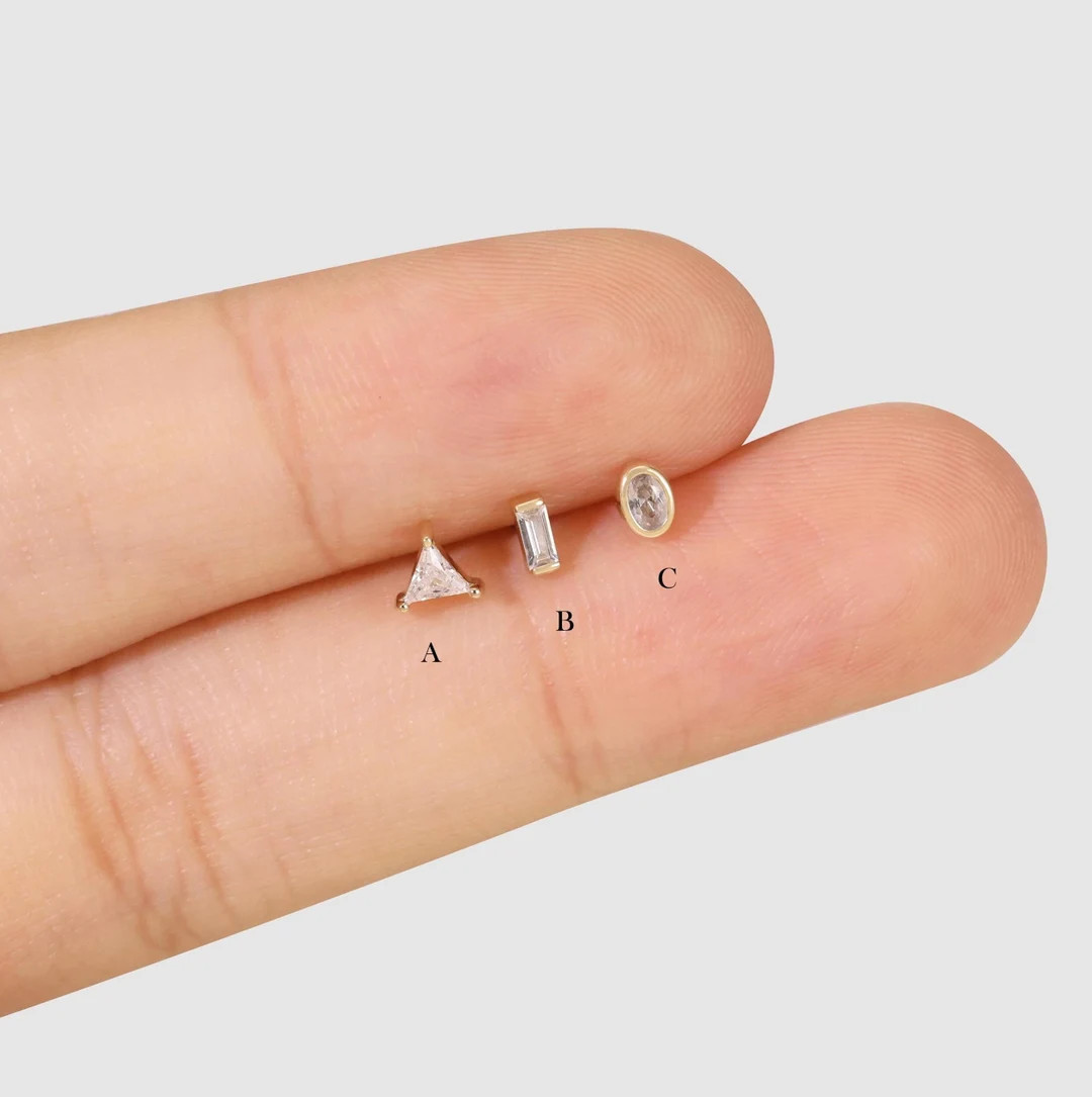 14K Solid Gold Triangle Stud Piercing Gold Oval Shape Stone Earring Helix Stud Tragus Stud Baguet... | Etsy (US)