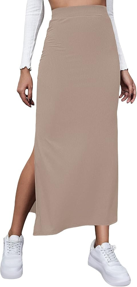 GORGLITTER Women's Split Ribbed Knit Bodycon Maxi Skirt High Waisted Side Slit Pencil Long Skirts | Amazon (US)