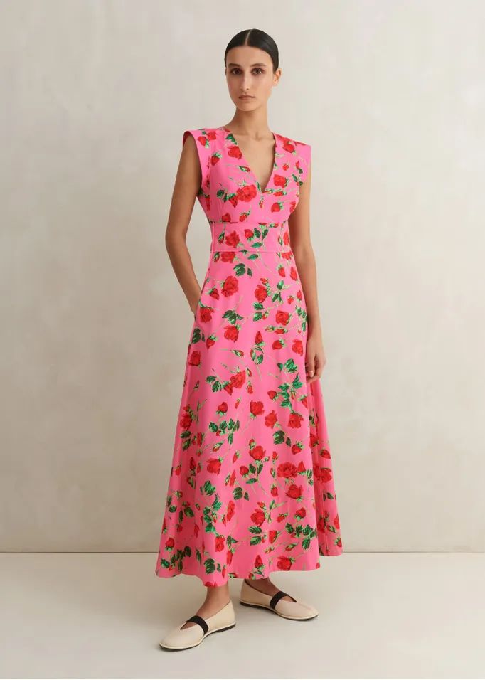 Cotton Sateen Rose Print Maxi Dress | ME+EM US