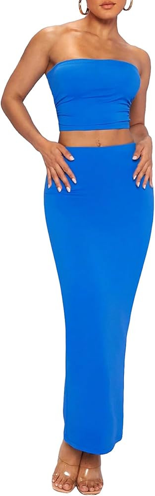 Verdusa Women's 2 Piece Outfits Sleeveless Crop Tube Top and Maxi Pencil Long Skirt Set | Amazon (US)