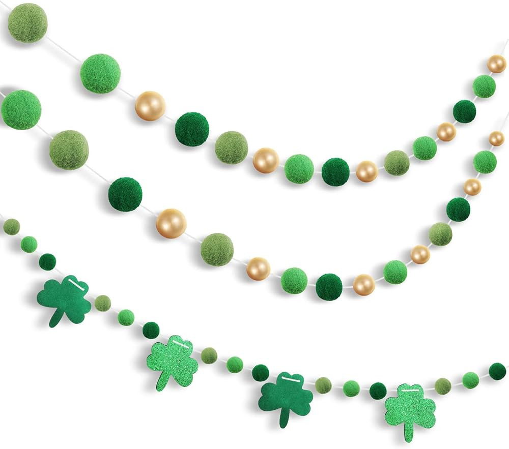 3 Pieces Pom Pom Garlands Felt Shamrock Clover Garlands Irish Wall Hanging Garlands Green Gold Fe... | Amazon (US)