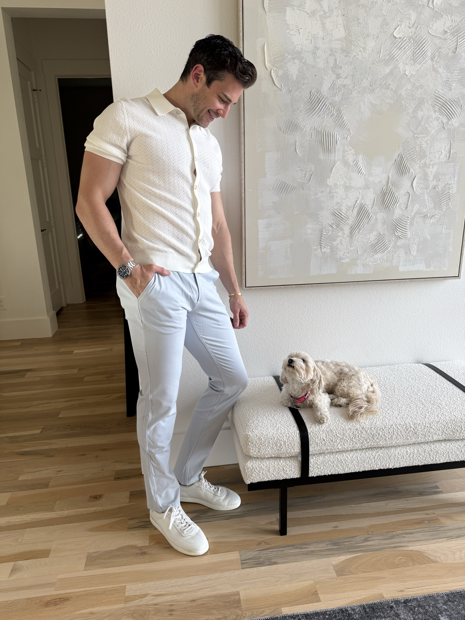 Men’s outfit for spring. Taylor loved these stretchy pants they fit so well and super comfy.come in lots of colors men’s white sneakers outfit idea 

#LTKMens #LTKSaleAlert #LTKTall