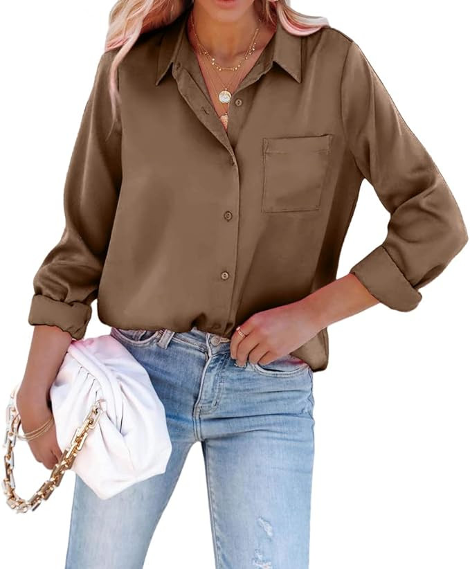 Pausus Satin Button Down Shirts for Women Long Sleeve Slim Fit Office Blouses Casual Business Sil... | Amazon (US)