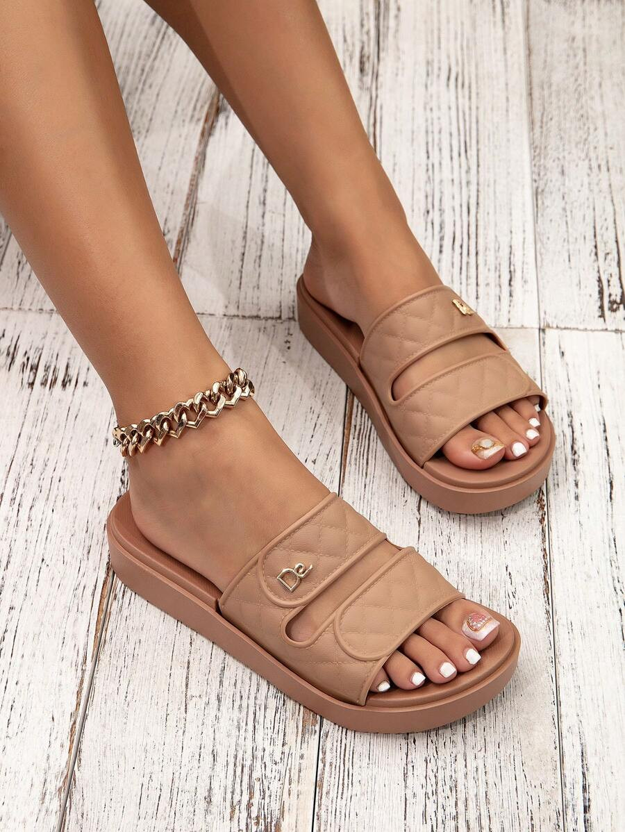 Women's Fashionable Khaki Color High Platform Comfortable Beach Sandals For Vacation | SHEIN