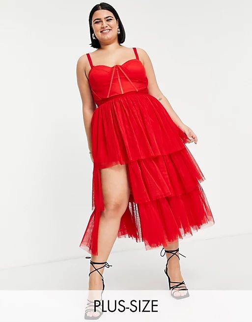 Lace & Beads Plus corset tiered tulle midi dress in red | ASOS (Global)