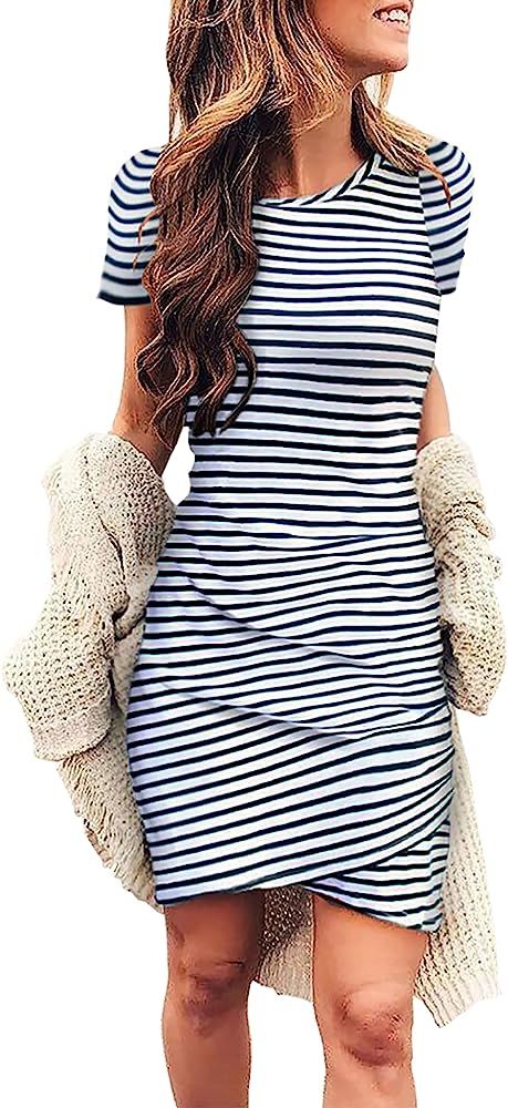 BTFBM Women's Summer Casual Beach Dresses Crew Neck Short Sleeve Ruched Stretchy Bodycon T Shirt Wra | Amazon (US)