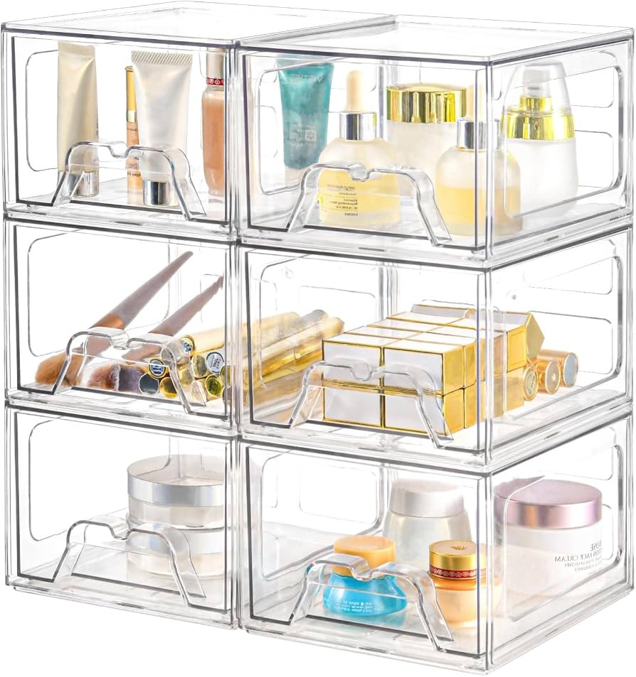6 Pack Stackable Storage Drawers, Acrylic Bathroom Makeup Organizer and Storage,Clear Plastic Pul... | Amazon (US)