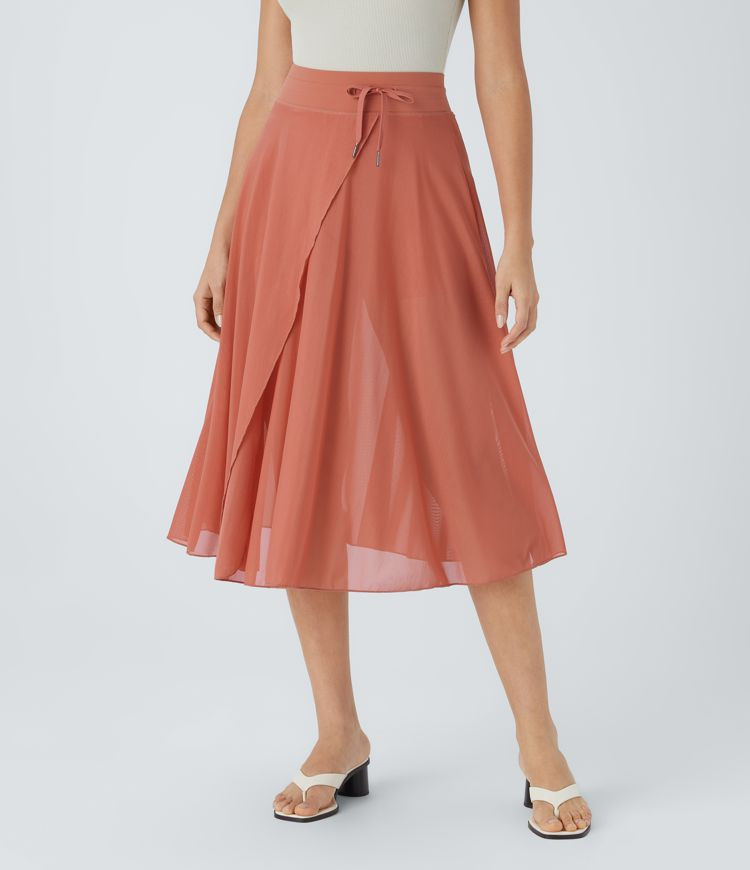 High Waisted Drawstring Contrast Mesh 2-in-1 Pocket Flowy Midi Flare Casual Skirt | HALARA