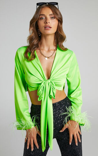 Melodie Feather Trim Long Sleeve Tie Front Crop Top in Green | Showpo (US, UK & Europe)