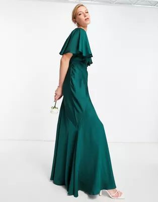 ASOS EDITION satin flutter sleeve maxi dress with strap details in forest green | ASOS (Global)