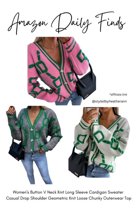 Women’s button, V-neck knit, long sleeve, cardigan, sweater, casual, drop shoulder geometric, design, knit, loose, chunky outerwear top

#LTKfindsunder50 #LTKstyletip #LTKmidsize