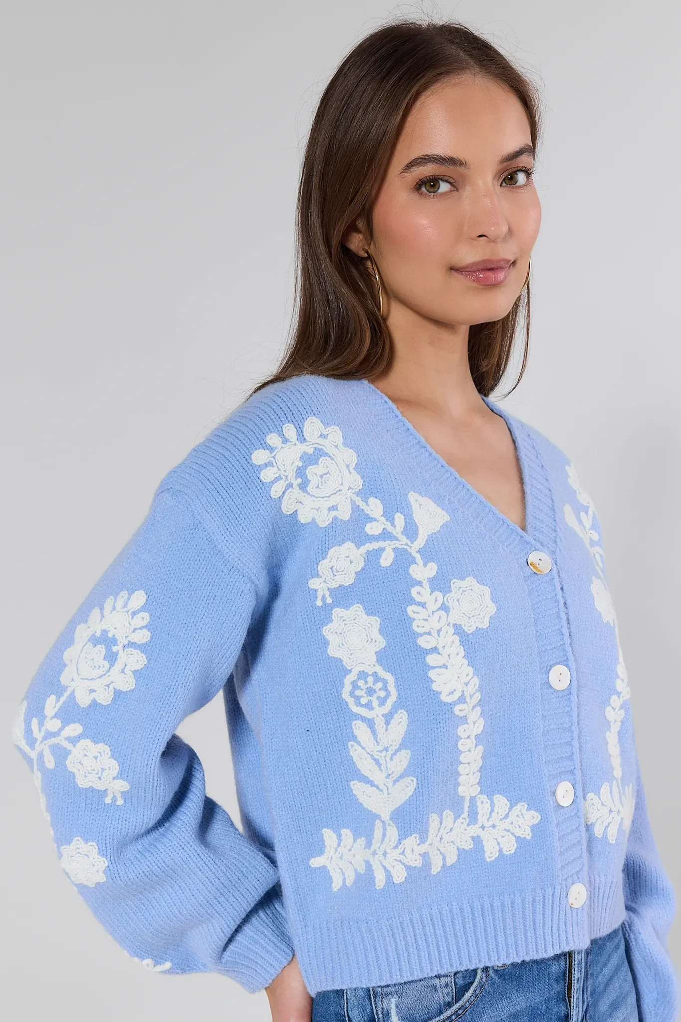 Molly Blue Floral Embroidered Cardigan | Avara