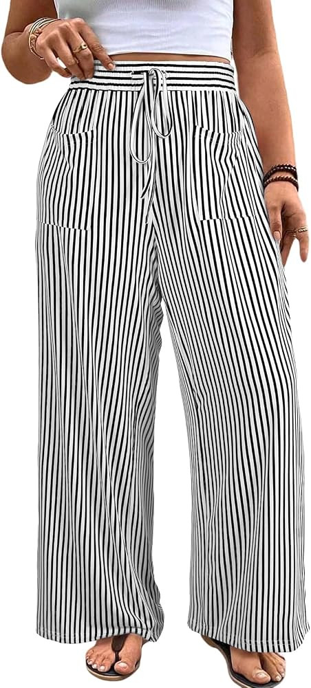 Eytino Womens Plus Size Wide Leg Pants Elastic High Waist Striped Casual Palazzo Pants Lounge Tro... | Amazon (US)