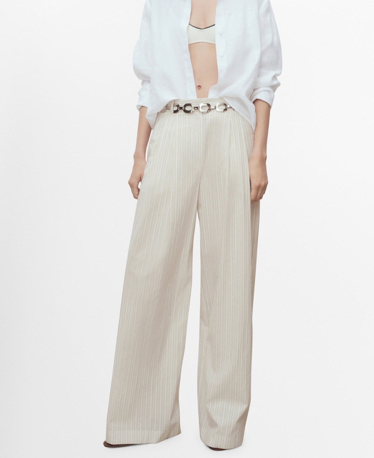 Mango Women's Striped Wide Leg Cotton Pants - Light, Pastel Gray | Macy's