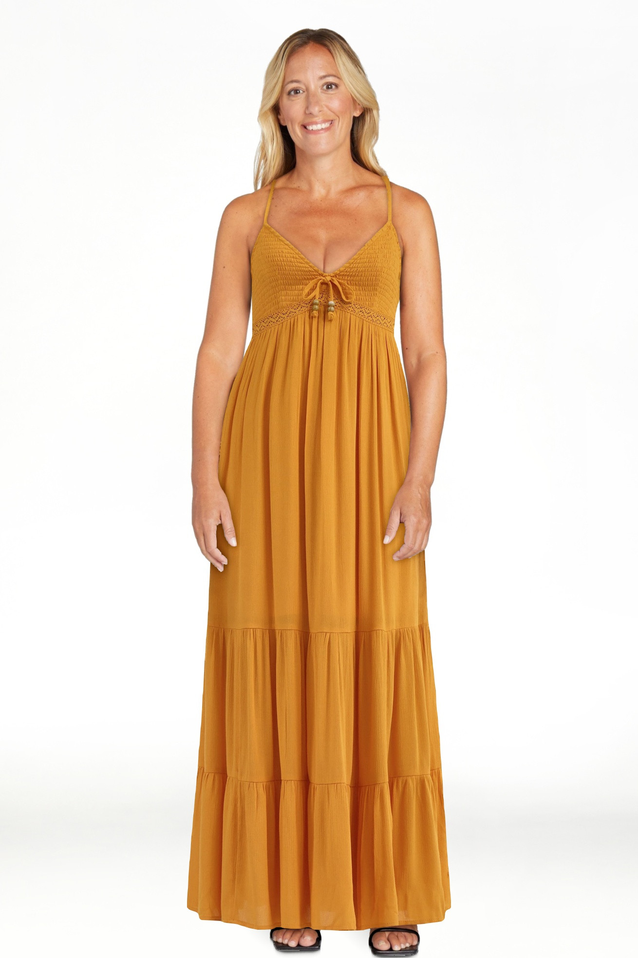 No Boundaries Tiered Maxi Dress with Crochet Lace Trim, Women's | Walmart (US)