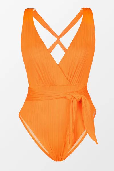 Retro Rib Surplice Sash Belt One Piece Swimsuit | Cupshe