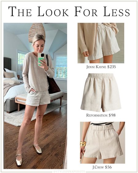 The look for less: beige linen shorts. wearing an XS in the Jenni Kayne 

•sweater old Marshall’s find
•flats & bag old J.Crew

summer shorts, save vs splurge  

#LTKfindsunder100 #LTKstyletip