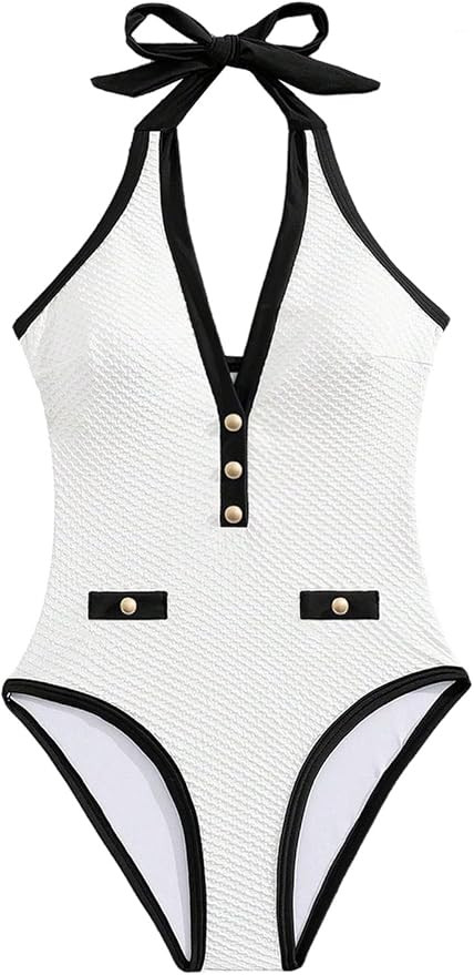 Floerns Women's One Piece Swimsuit Textured Halter Neck Tummy Control Bathing Suit | Amazon (US)