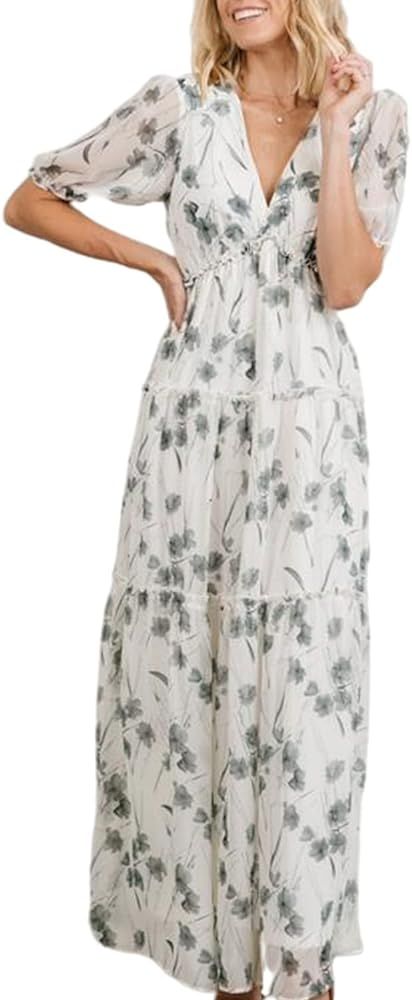 Amegoya Women's Casual Short Sleeve V Neck Floral Chiffon Maxi Dresses Summer High Waist Boho Beach  | Amazon (US)