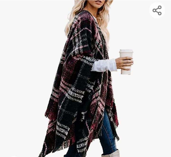 Bestshe Women's Boho Open Front Poncho Knitted Plaid Shawl Wrap Cape Tassel Cardigan Sweater | Amazon (US)