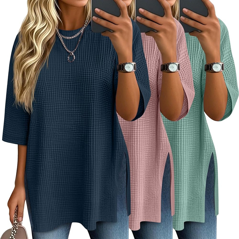 3 Pack Women's 3/4 Sleeve Waffle Knit Tops Oversized Crewneck T-Shirts Loose Casual Blouses Side ... | Amazon (US)