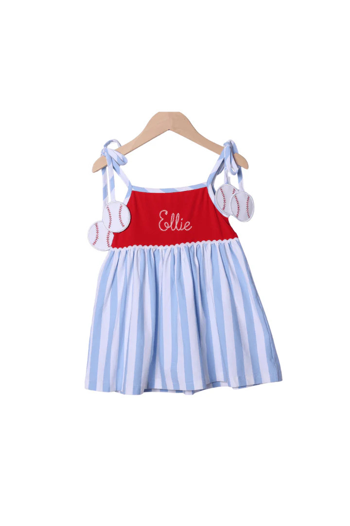 Applique Baseball Blue Stripe Dress | The Smocked Flamingo
