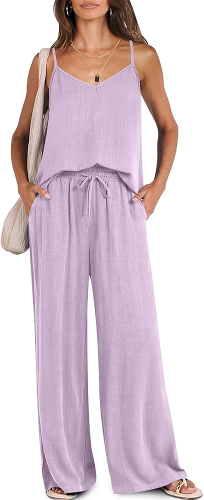 ANRABESS Women's 2 Piece Linen Lounge Set Casual Matching Pants Jumpsuit Summer Beach Travel Vaca... | Amazon (US)