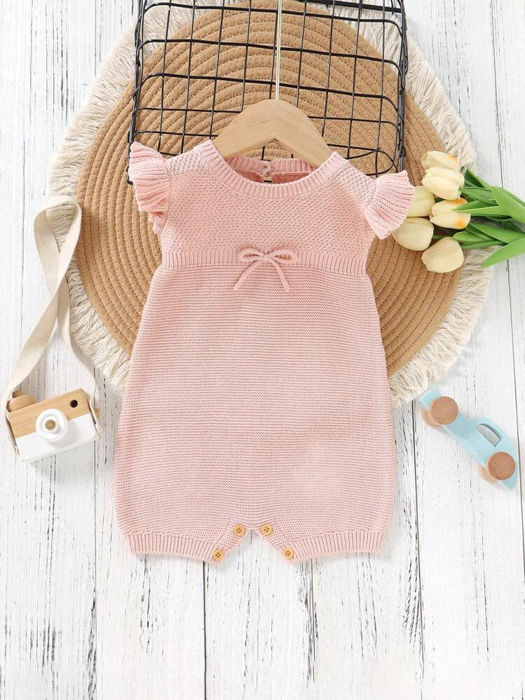 Baby Girl Bow Decor Cap Knit Romper | SHEIN