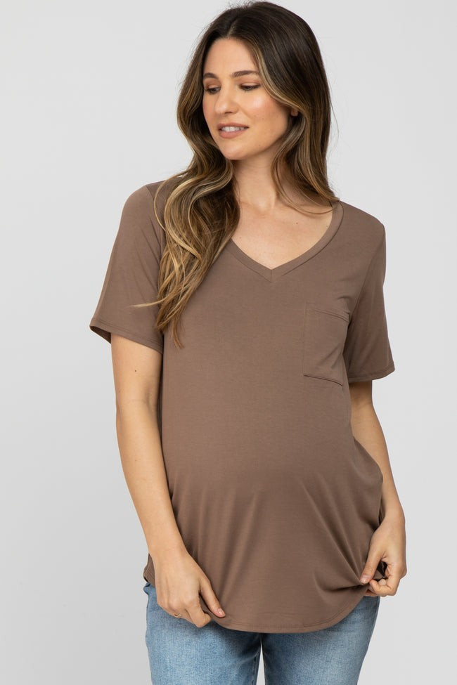 Mocha V-Neck Front Pocket Short Sleeve Maternity Top | PinkBlush Maternity