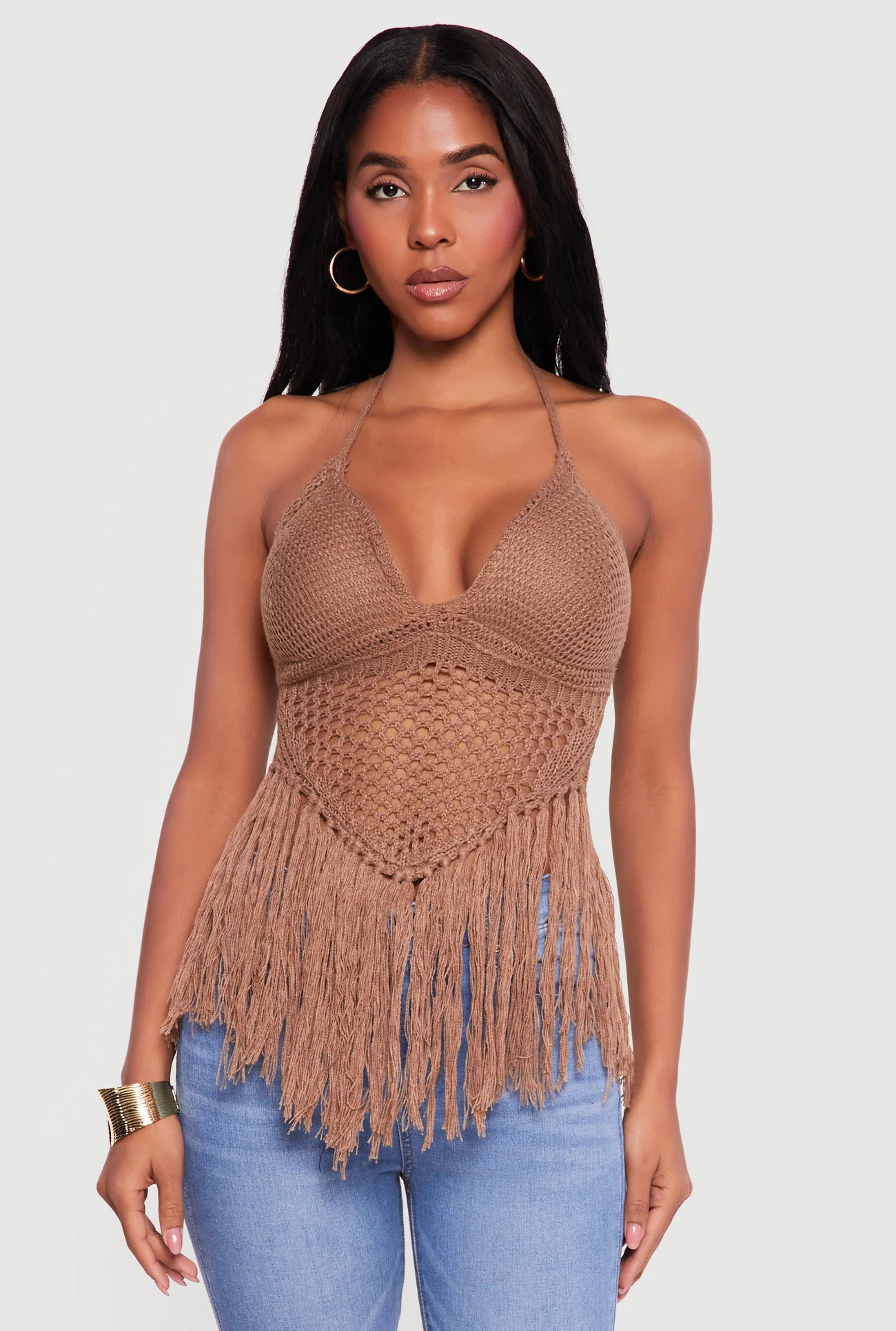 Crochet Tie Back Fringe Halter Top | Rainbow Shops