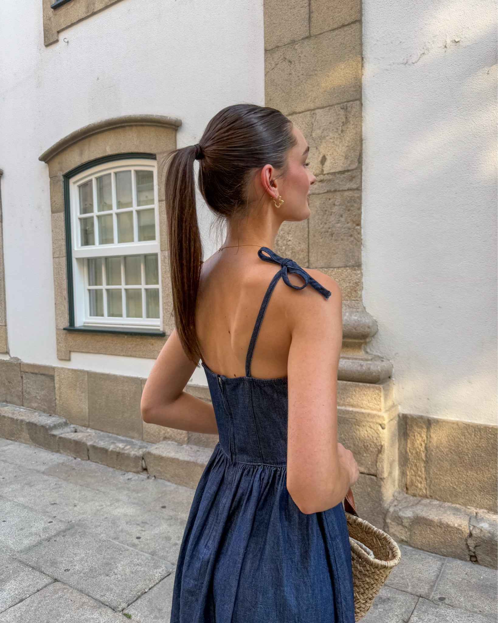Summer straight hair ponytail, denim dress bow straps

#LTKsummer