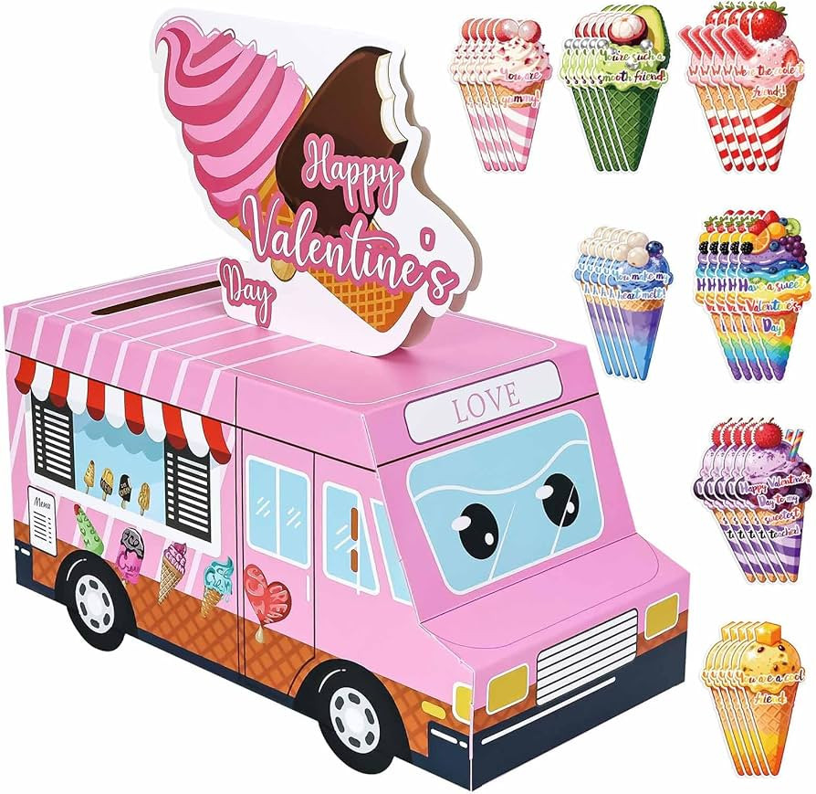 Valentines Day Cards for Kids 3D Pink Ice Cream Truck Valentine Mailbox for Kids Classroom School... | Amazon (US)