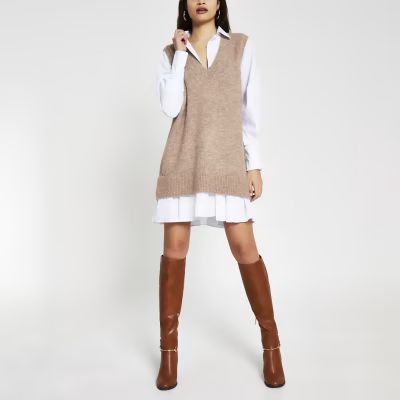 Beige Long Sleeve Hybrid Shirt Jumper Dress | River Island (UK & IE)