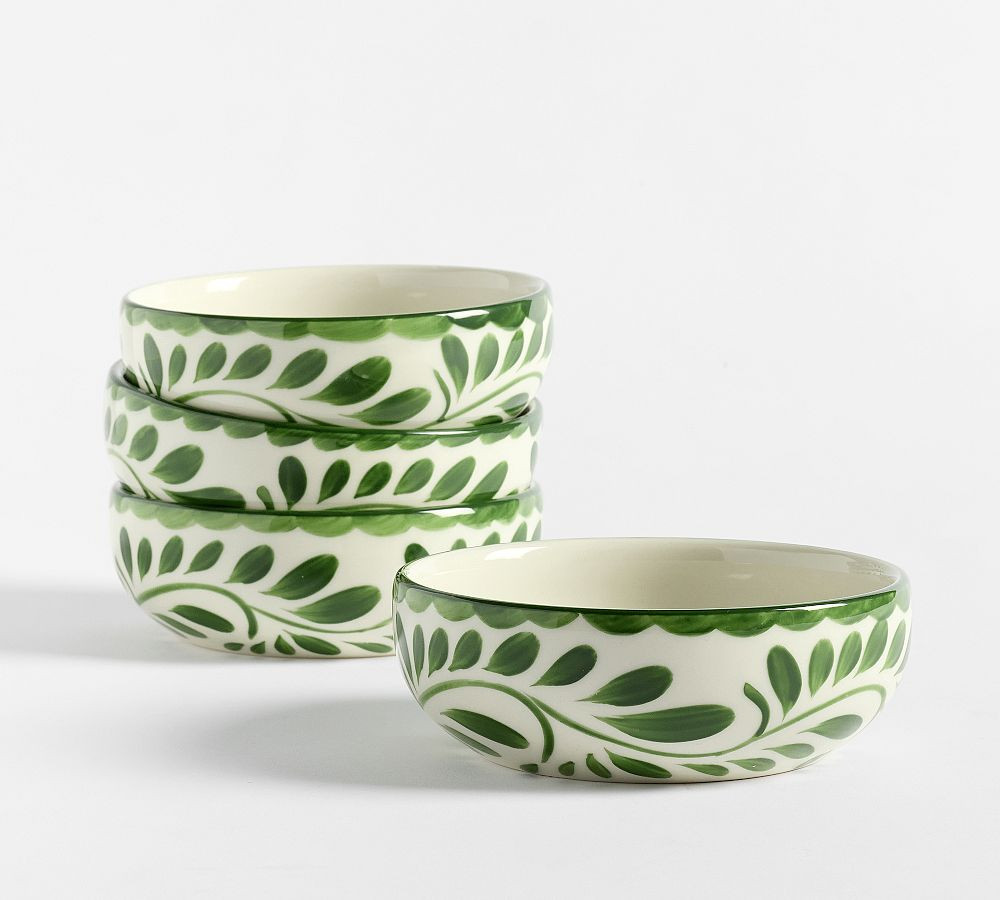 Puebla Porcelain Soup Bowls, Set of 4 - Green/White | Pottery Barn (US)