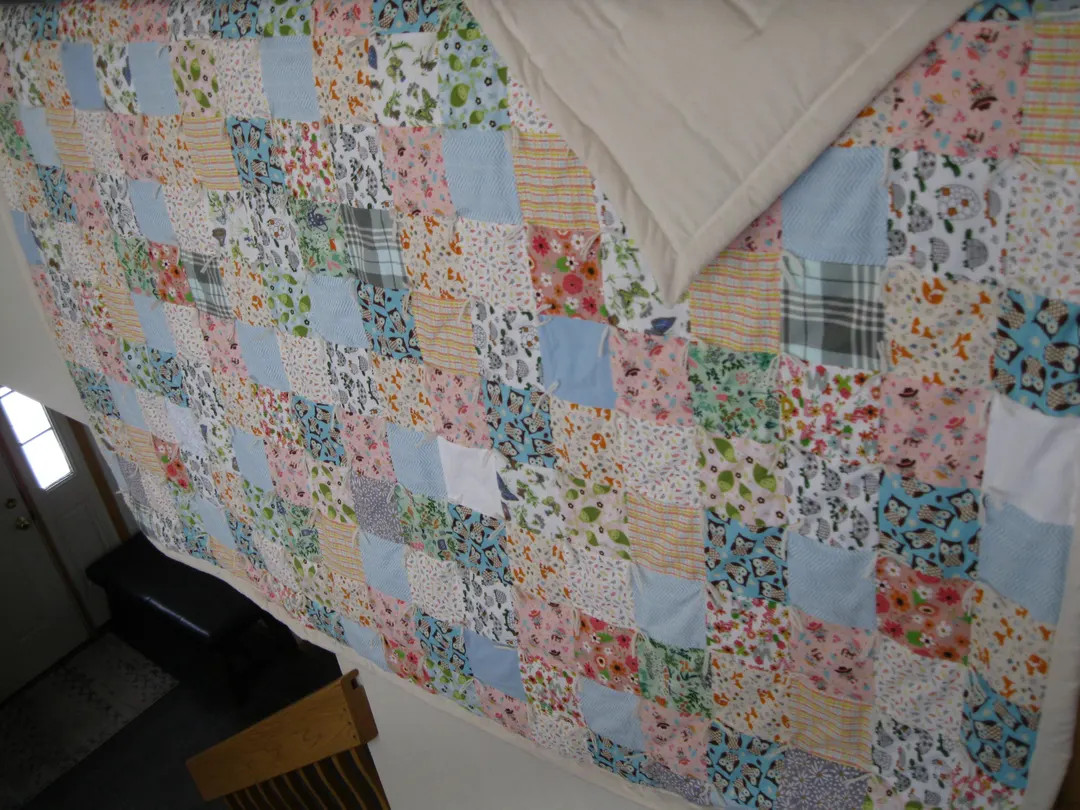 New Handmade Tied King Patchwork Pastel Garden Butterfly Owl Turtle Cream FLANNEL Quilt Blanket -... | Etsy (US)