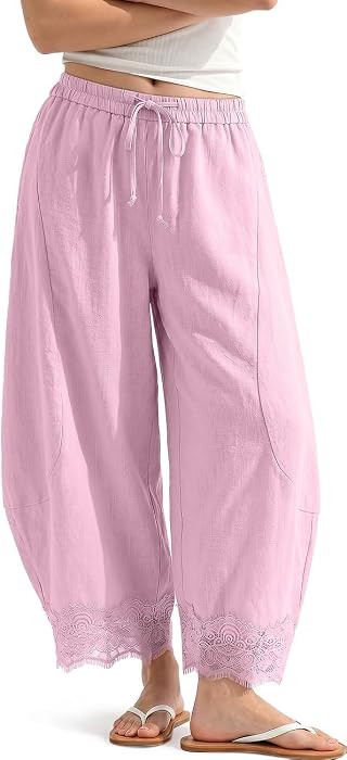 TARSE Womens Linen Wide Leg Cropped Lace Trim Pants | Amazon (US)