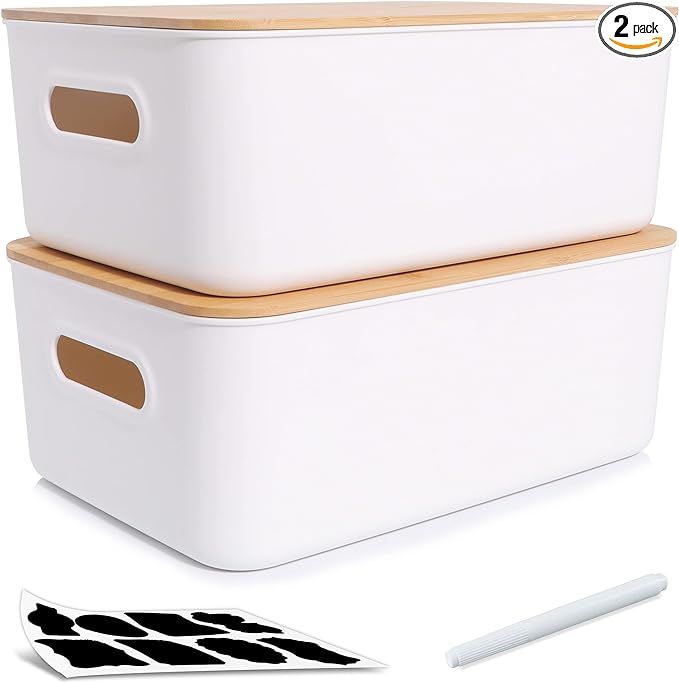 Citylife 2 PCS Storage Bins with Bamboo Lids Plastic Storage Containers for Organizing Stackable ... | Amazon (US)