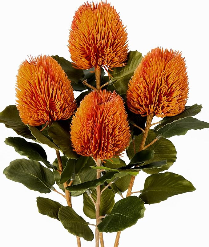 4Pcs Artificial Flowers Bouquets 23 Inch Fake Fall Flower Orange Long Stem Autumn Faux Banksia Fl... | Amazon (US)