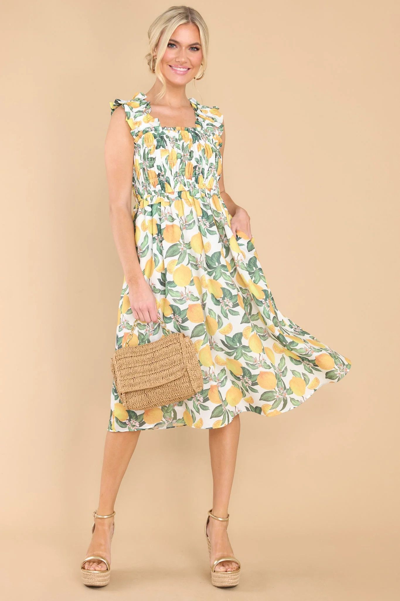 Let's Make Lemonade Yellow Print Midi Dress | Italy Outfits | Positano Outfits Lemon Dress #LTKU | Red Dress 