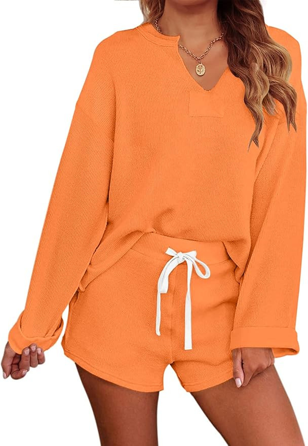 MEROKEETY Women's Long Sleeve Pajama Set Henley Knit Tops and Shorts Sleepwear Loungewear | Amazon (US)
