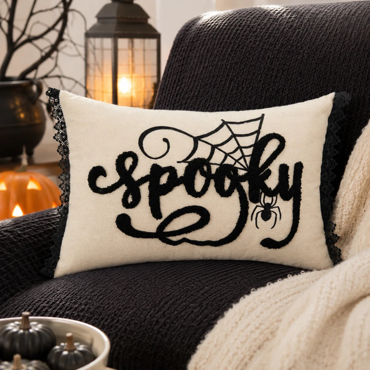 Spooky Black And White Halloween Embroidered Throw Pillow | Wayfair North America